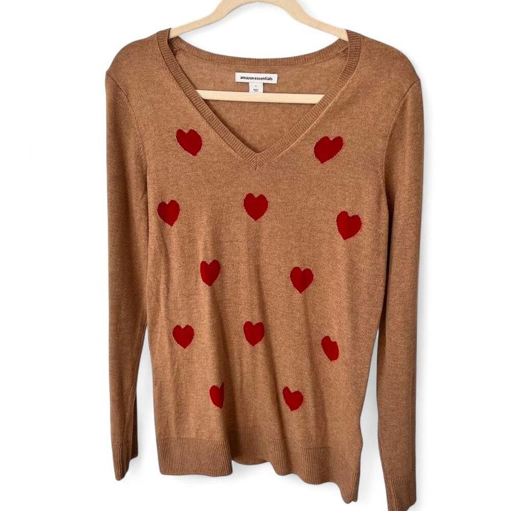 Heart Print V Neck Sweater Tan Red Hearts Lightweight Knit Casual Women’s Small